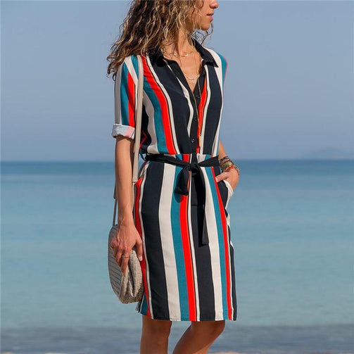 Aachoae Long Sleeve Shirt Dress 2020 Summer Boho Beach Dresses Women Casual Striped Print A-line Mini Party Dress Vestidos Seewest