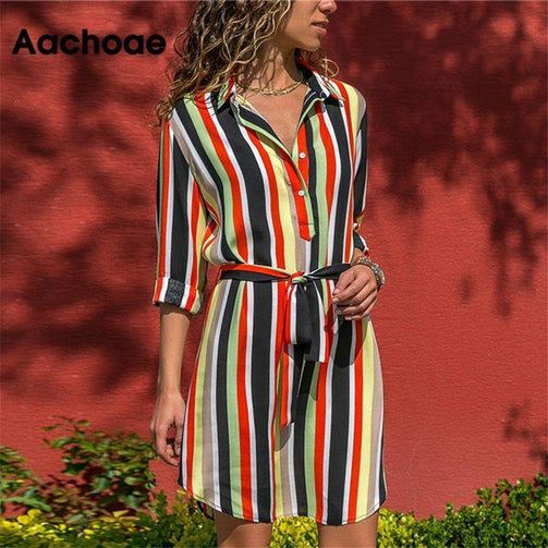 Aachoae Long Sleeve Shirt Dress 2020 Summer Boho Beach Dresses Women Casual Striped Print A-line Mini Party Dress Vestidos Seewest