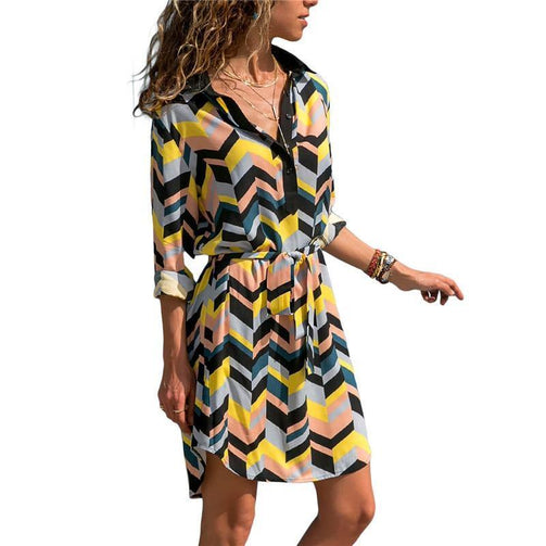 Aachoae Long Sleeve Shirt Dress 2020 Summer Boho Beach Dresses Women Casual Striped Print A-line Mini Party Dress Vestidos Seewest