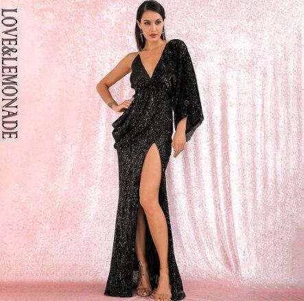 LOVE&LEMONADE Sexy Rose Gold V-Neck Single Sleeve Sequins Split Party Maxi Dress LM81848 Seewest