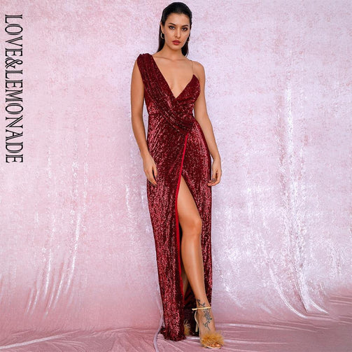 LOVE&LEMONADE Sexy Deep Red Deep V-Neck Whit Split Sequins Party Maxi Dress LM81849 Seewest