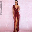 LOVE&LEMONADE Sexy Deep Red Deep V-Neck Whit Split Sequins Party Maxi Dress LM81849 Seewest