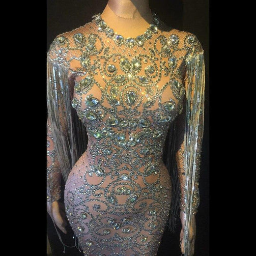 Crystals Long Tassel Party Bodycon Dress Women Long Sleeves Prom Wedding Floor Length Rhinestones Dress Singer Stage Dress Seewest