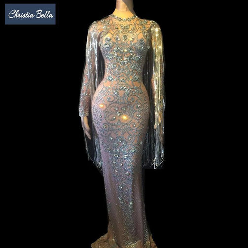 Crystals Long Tassel Party Bodycon Dress Women Long Sleeves Prom Wedding Floor Length Rhinestones Dress Singer Stage Dress Seewest