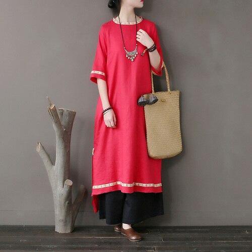 Original national style women's dress stitching embroidery tear edge linen dress loose sleeve high - grade Seewest